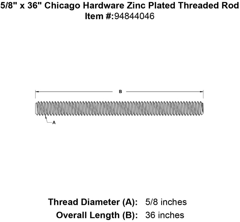 5 8 x 36 chicago hardware zinc plated threaded rod specification diagram