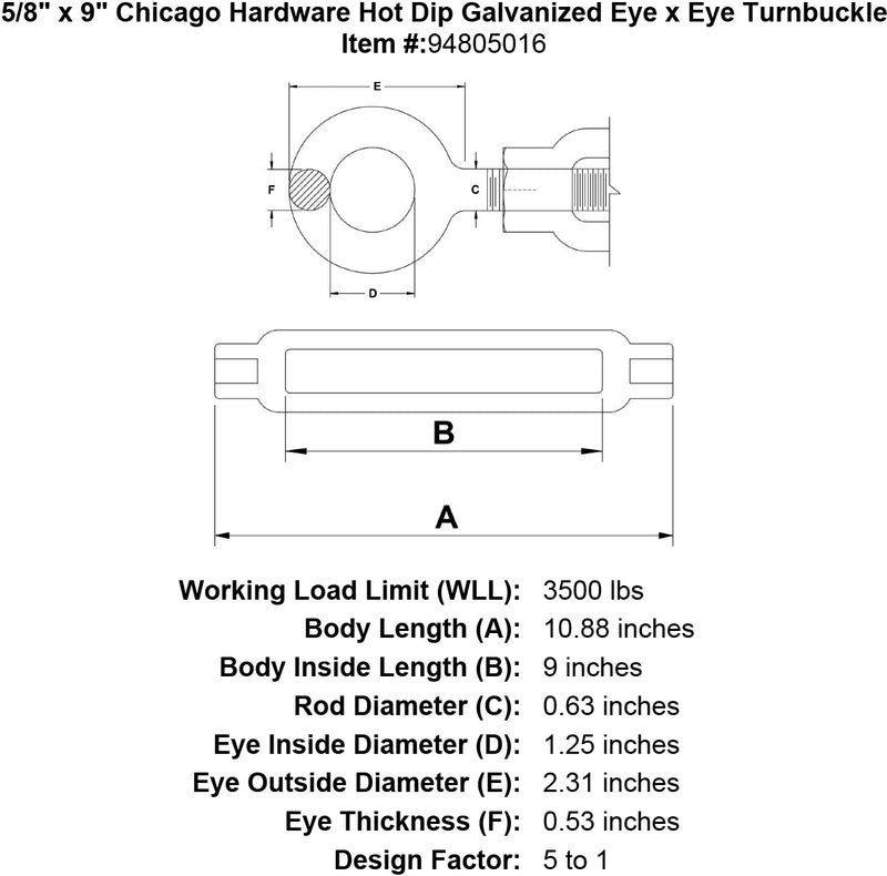 5 8 x 9 chicago hardware hot dip galvanized eye x eye turnbuckle specification diagram