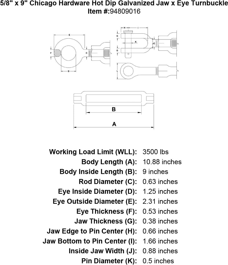 5 8 x 9 chicago hardware hot dip galvanized jaw x eye turnbuckle specification diagram