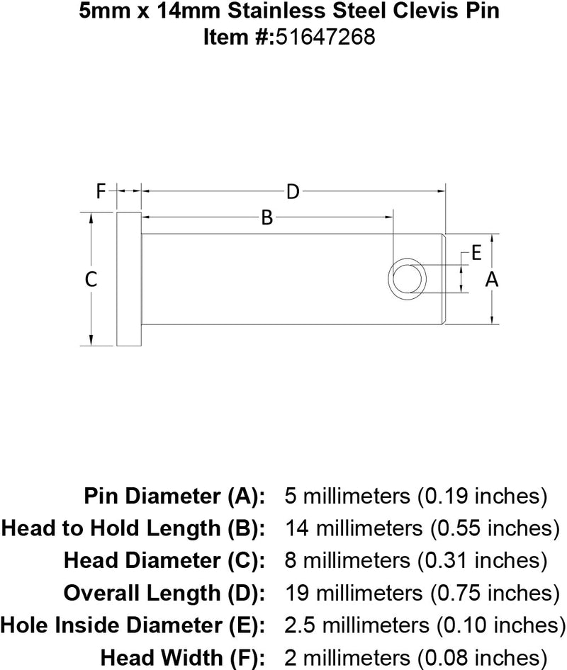 5 x 14 Stainless Steel Clevis Pin specification diagram