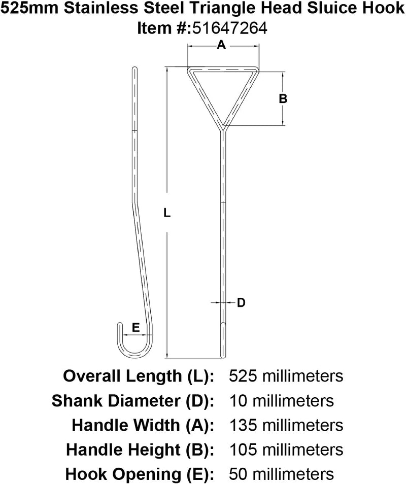525mm Stainless Steel Triangle Head Sluice Hook specification diagram
