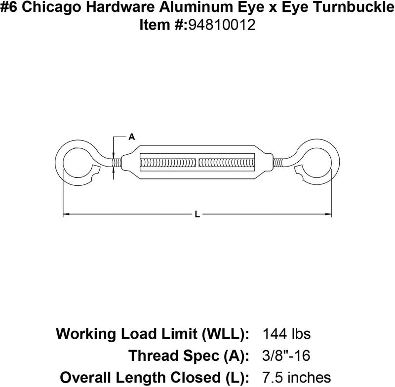 6 chicago hardware aluminum eye x eye turnbuckle specification diagram