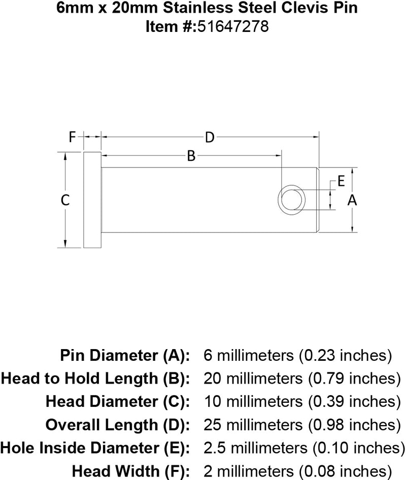 6 x 20 Stainless Steel Clevis Pin specification diagram