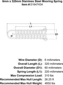 6mm x 320mm Stainless Steel Mooring Spring specification diagram