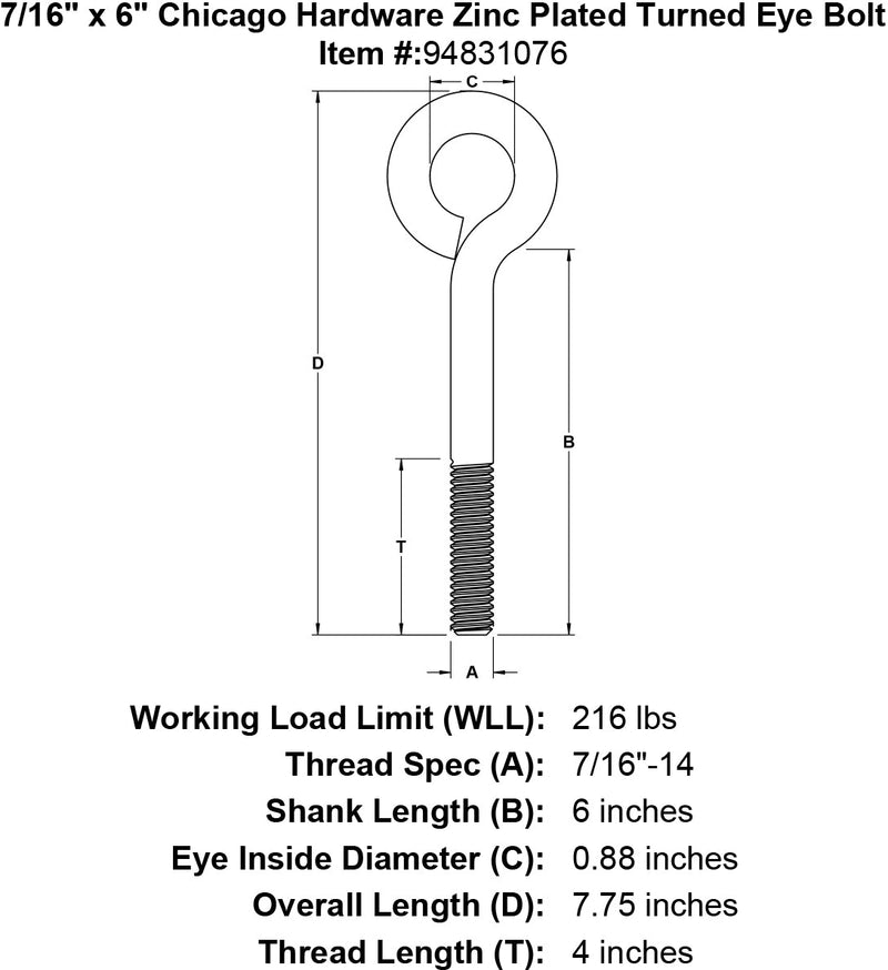 7 16 x 6 chicago hardware zinc plated turned eyebolt specification diagram