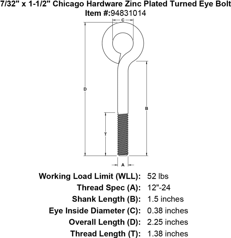 7 32 x 1 1 2 chicago hardware zinc plated turned eyebolt specification diagram