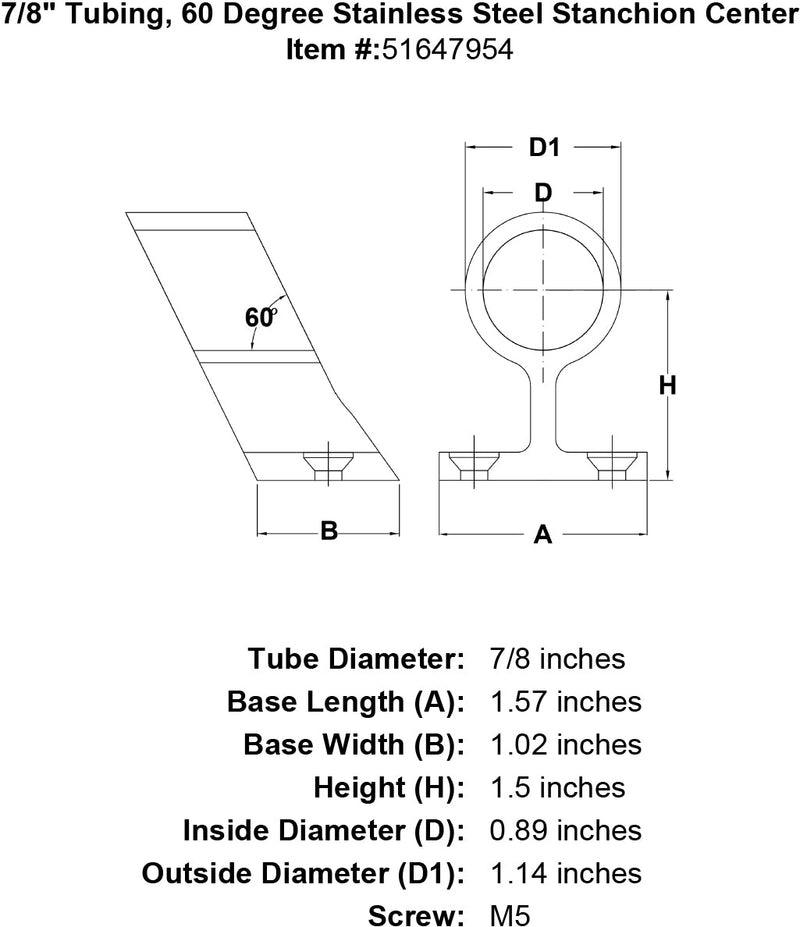 7 8 Tubing 60 Degree Stainless Steel Stanchion Center specification diagram