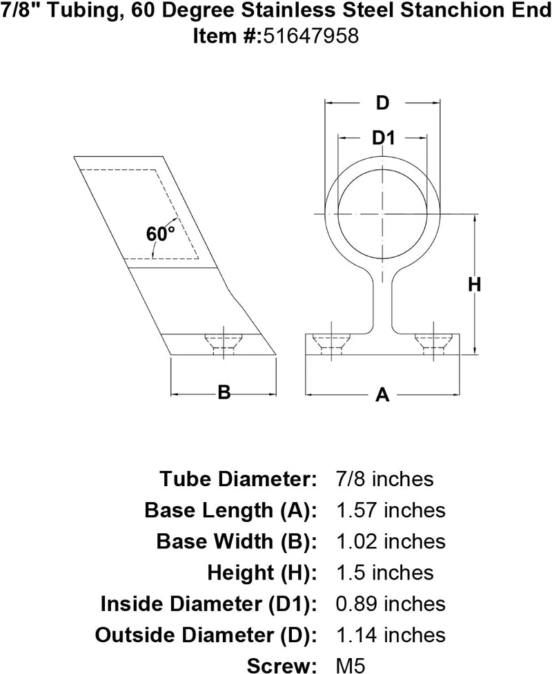7 8 Tubing 60 Degree Stainless Steel Stanchion End specification diagram