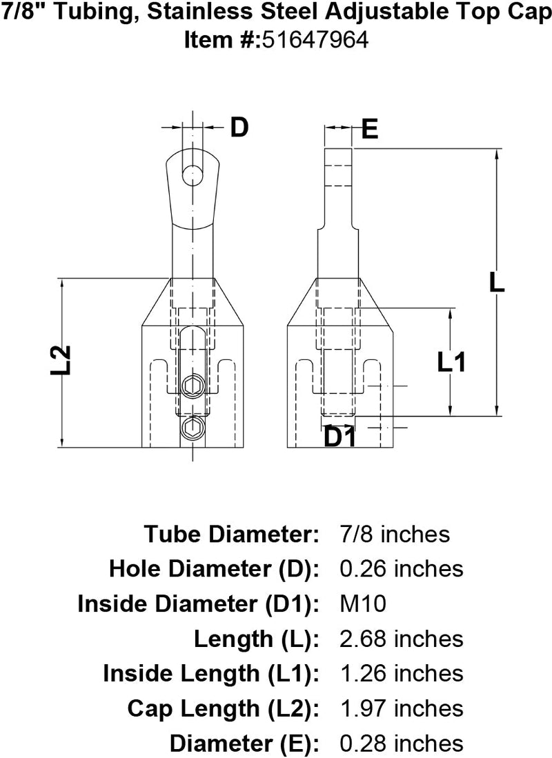7 8 Tubing Stainless Steel Adjustable Top Cap specification diagram