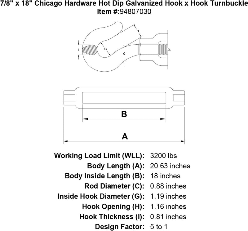 7 8 x 18 chicago hardware hot dip galvanized hook x hook turnbuckle specification diagram