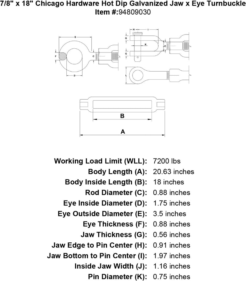 7 8 x 18 chicago hardware hot dip galvanized jaw x eye turnbuckle specification diagram
