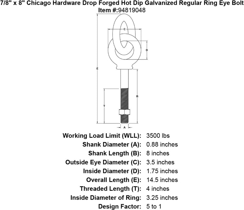 7 8 x 8 chicago hardware drop forged hot dip galvanized regular ring eyebolt specification diagram