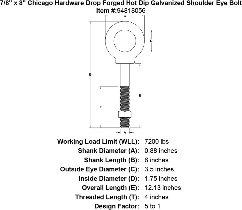 7 8 x 8 chicago hardware drop forged hot dip galvanized shoulder eyebolt specification diagram