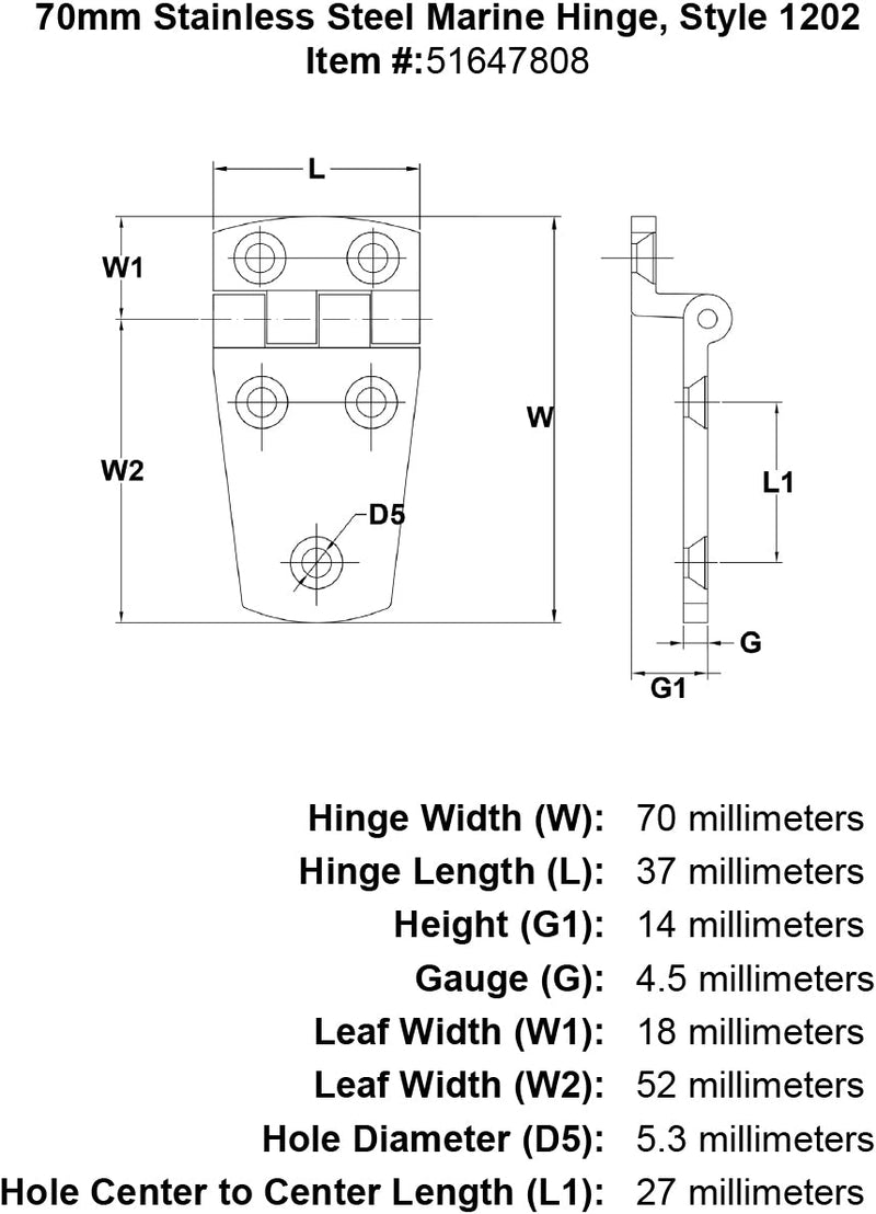 70mm Stainless Steel Marine Hinge Style 1202 specification diagram