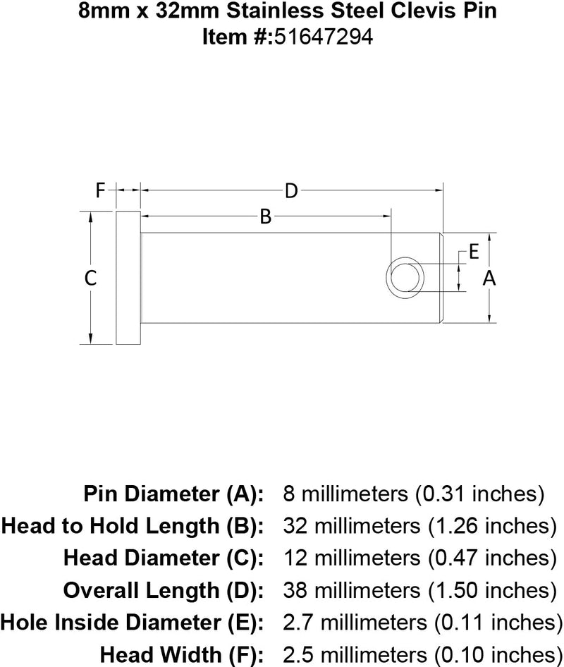 8 x 32 Stainless Steel Clevis Pin specification diagram