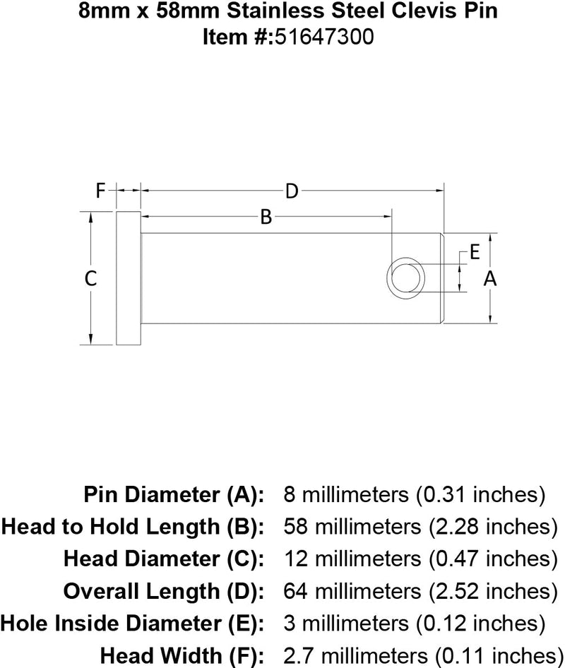 8 x 58 Stainless Steel Clevis Pin specification diagram