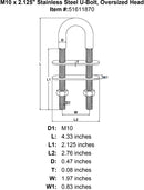M10 x 2 125 Stainless Steel U Bolt Oversized Head specification diagram