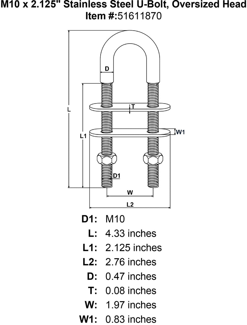 M10 x 2 125 Stainless Steel U Bolt Oversized Head specification diagram