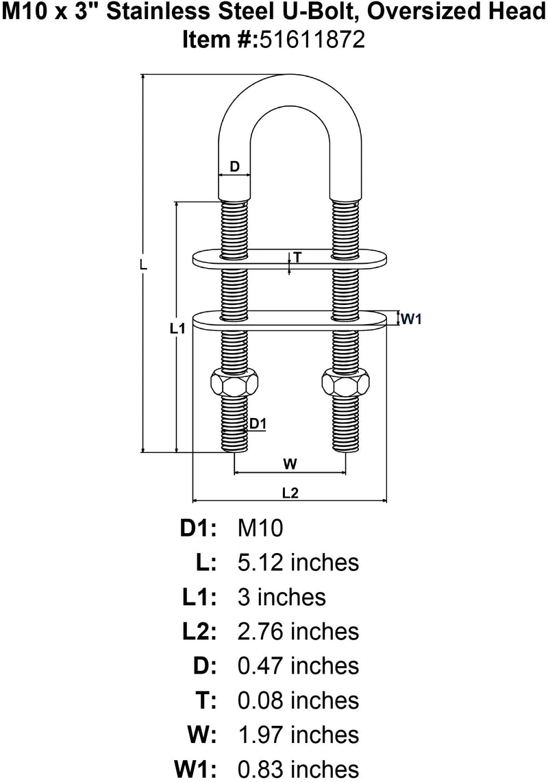M10 x 3 Stainless Steel U Bolt Oversized Head specification diagram