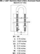 M6 x 1 625 Stainless Steel U Bolt Oversized Head specification diagram