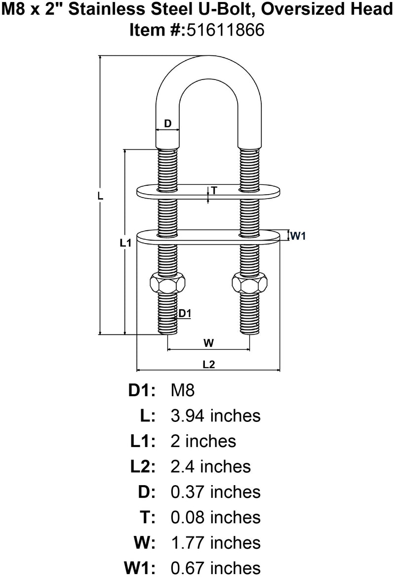 M8 x 2 Stainless Steel U Bolt Oversized Head specification diagram