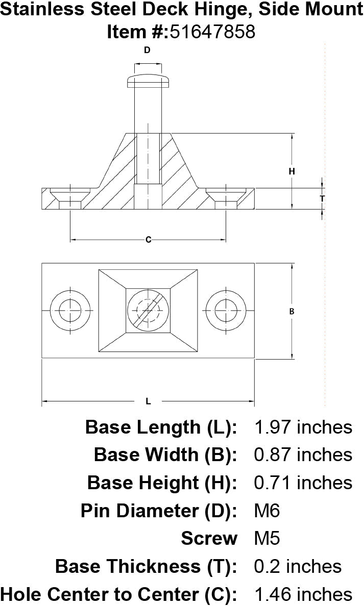Stainless Steel Deck Hinge Side Mount specification diagram