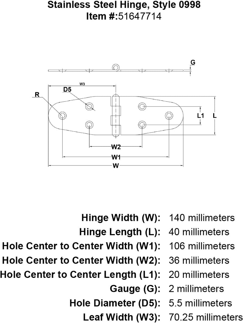 Stainless Steel Hinge Style 0998 specification diagram