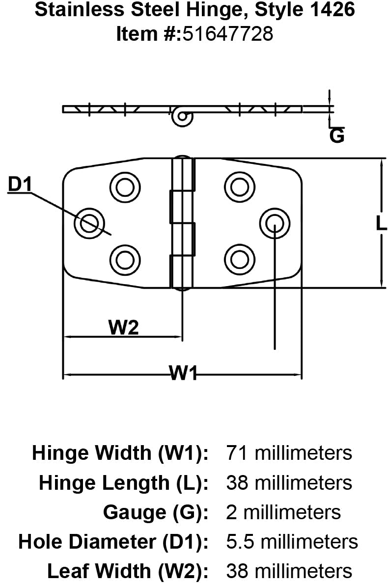 Stainless Steel Hinge Style 1426 specification diagram