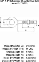 five eighths inch X 4 inch Shoulder Eyebolt specification diagram