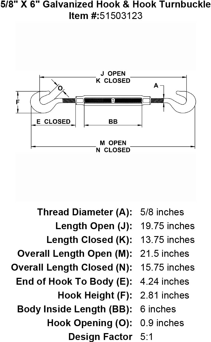 five eighths inch X 6 inch Hook Hook Turnbuckle specification diagram