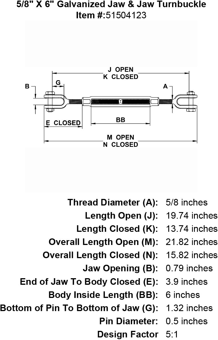 five eighths inch X 6 inch Jaw Jaw Turnbuckle specification diagram