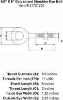 five eighths inch X 6 inch Shoulder Eyebolt specification diagram