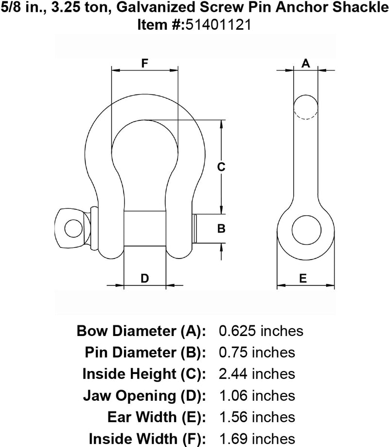 five eighths inch screw pin shackle specification diagram
