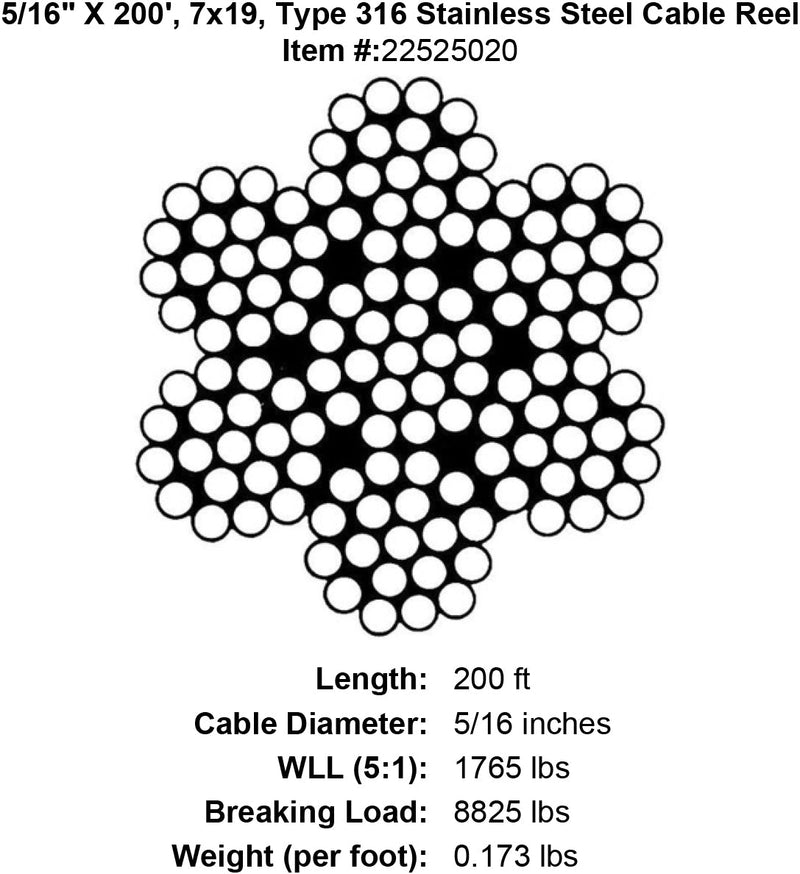 five sixteenths X 200 foot Grade 316 Stainless Cable specification diagram
