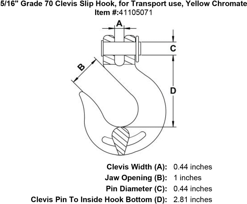 five sixteenths inch Grade 70 Clevis Slip Hook specification diagram