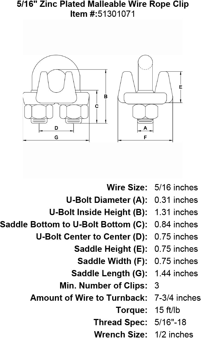 five sixteenths inch Malleable Wire Rope Clip specification diagram