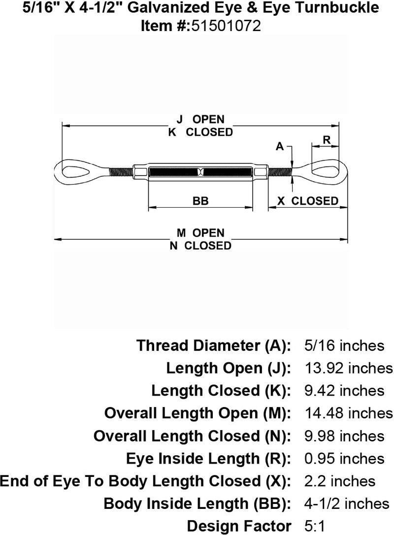 five sixteenths inch X 4 half inch Eye Eye Turnbuckle specification diagram
