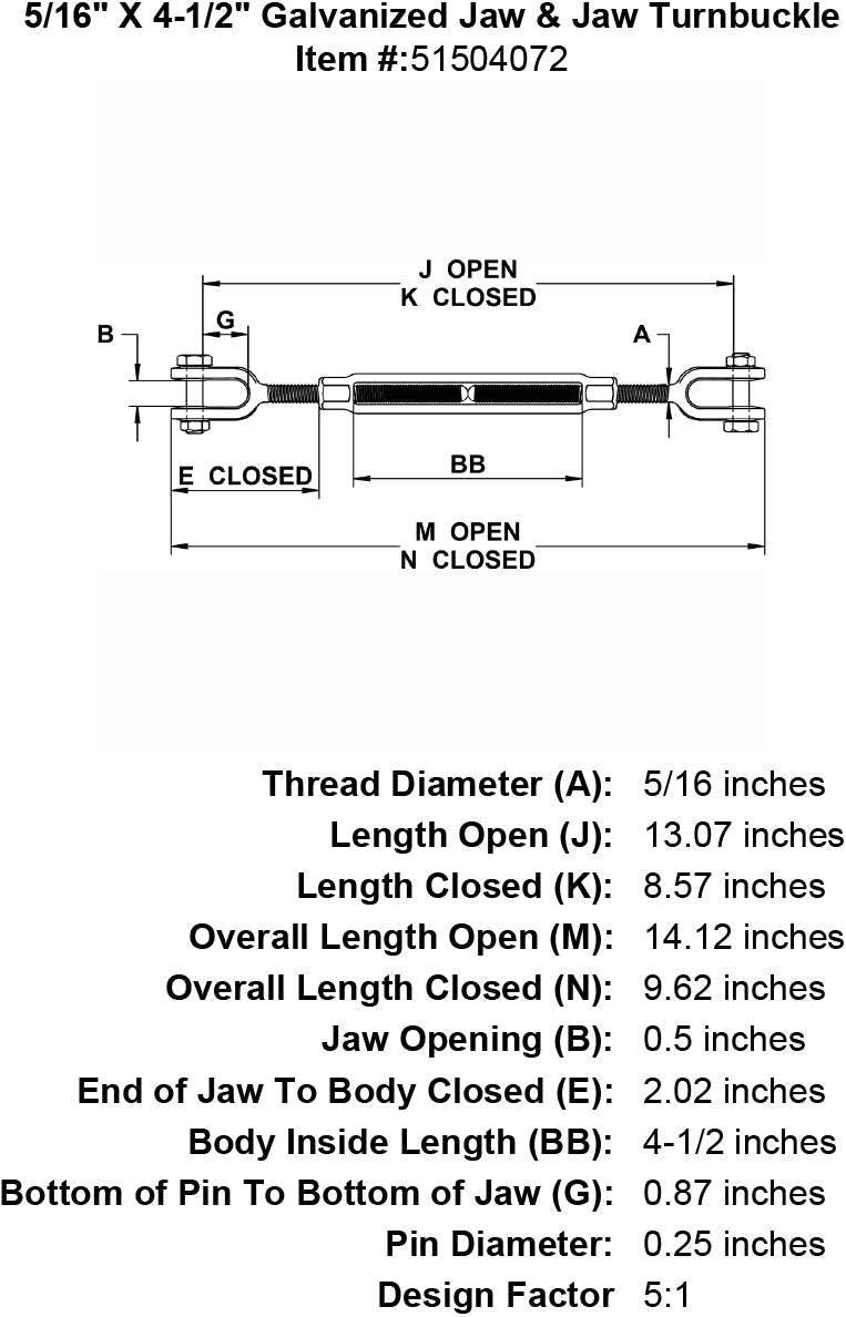 five sixteenths inch X 4 half inch Jaw Jaw Turnbuckle specification diagram