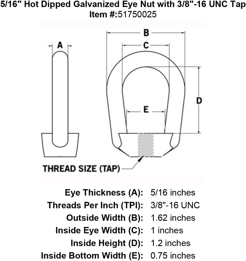 five sixteenths inch eye nut specification diagram