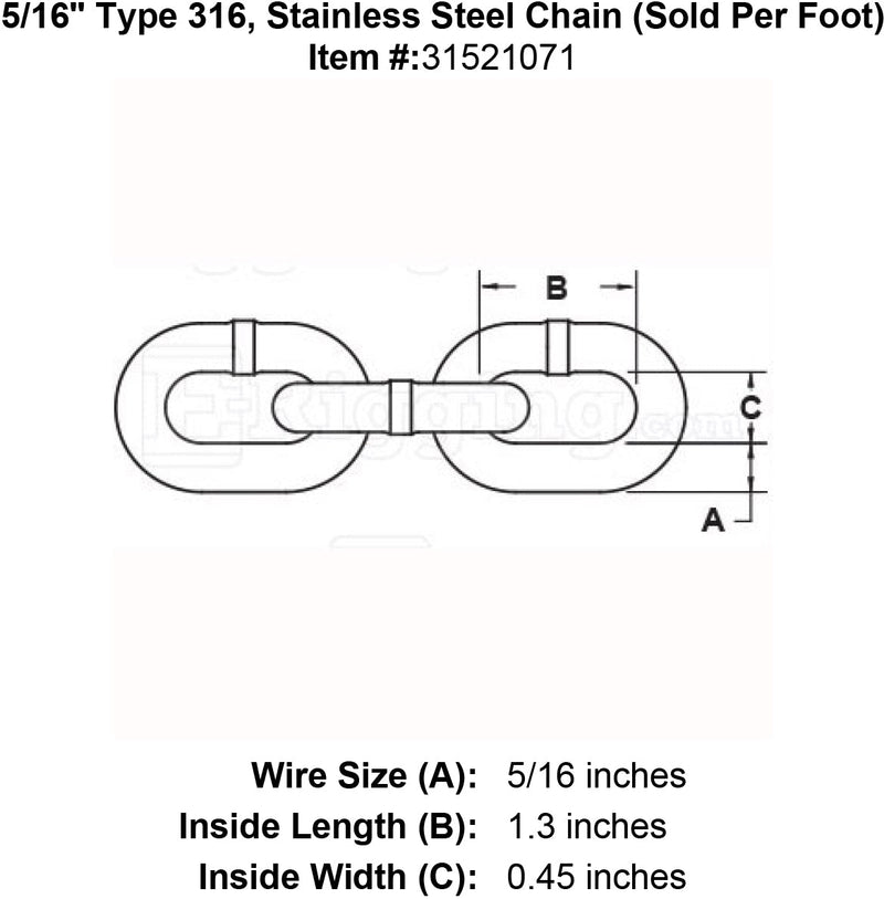 five sixteenths inch stainless steel 316 chain specification diagram