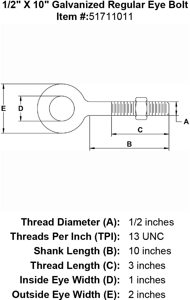 half inch X 10 inch Eyebolt specification diagram