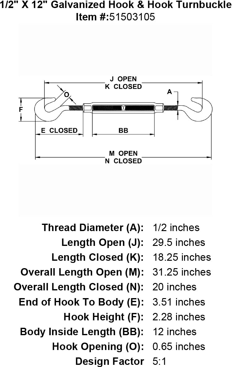 half inch X 12 inch Hook Hook Turnbuckle specification diagram