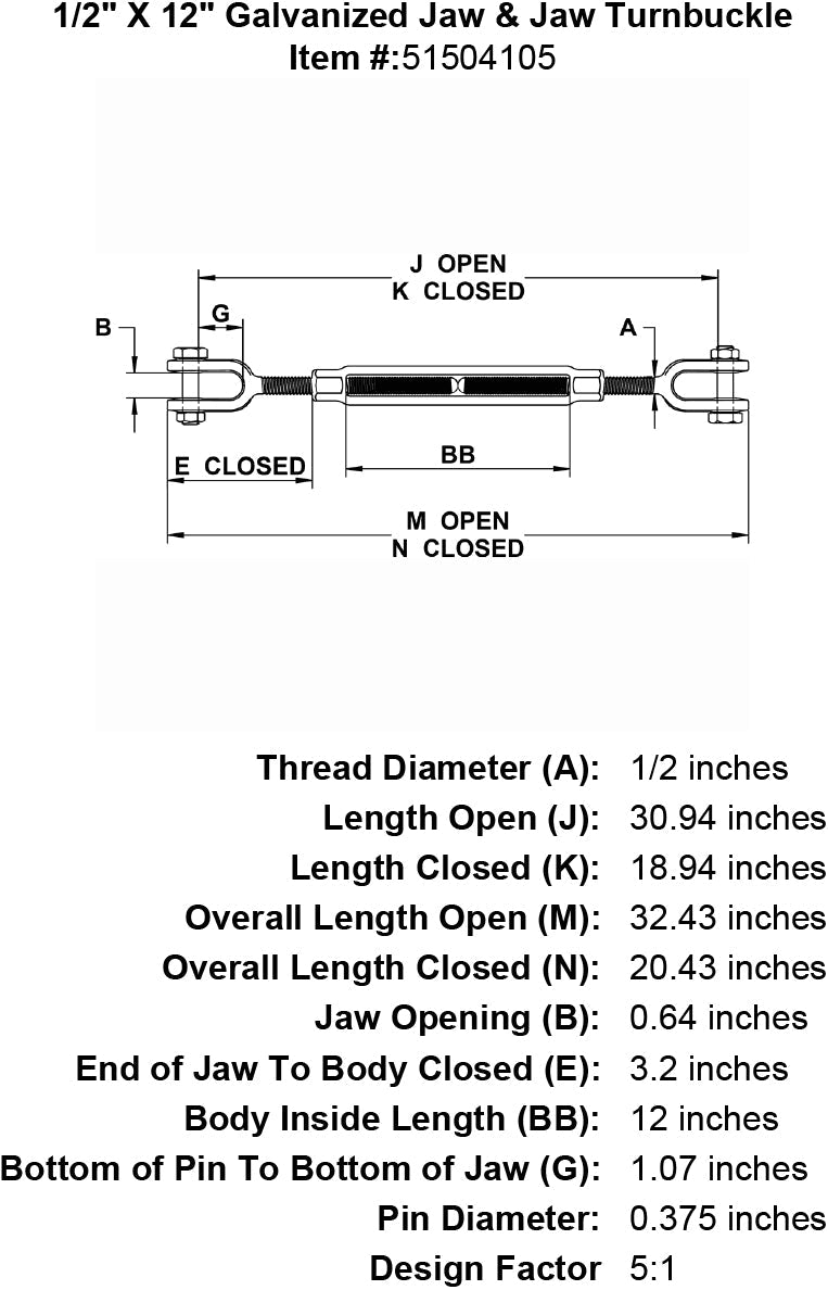 half inch X 12 inch Jaw Jaw Turnbuckle specification diagram