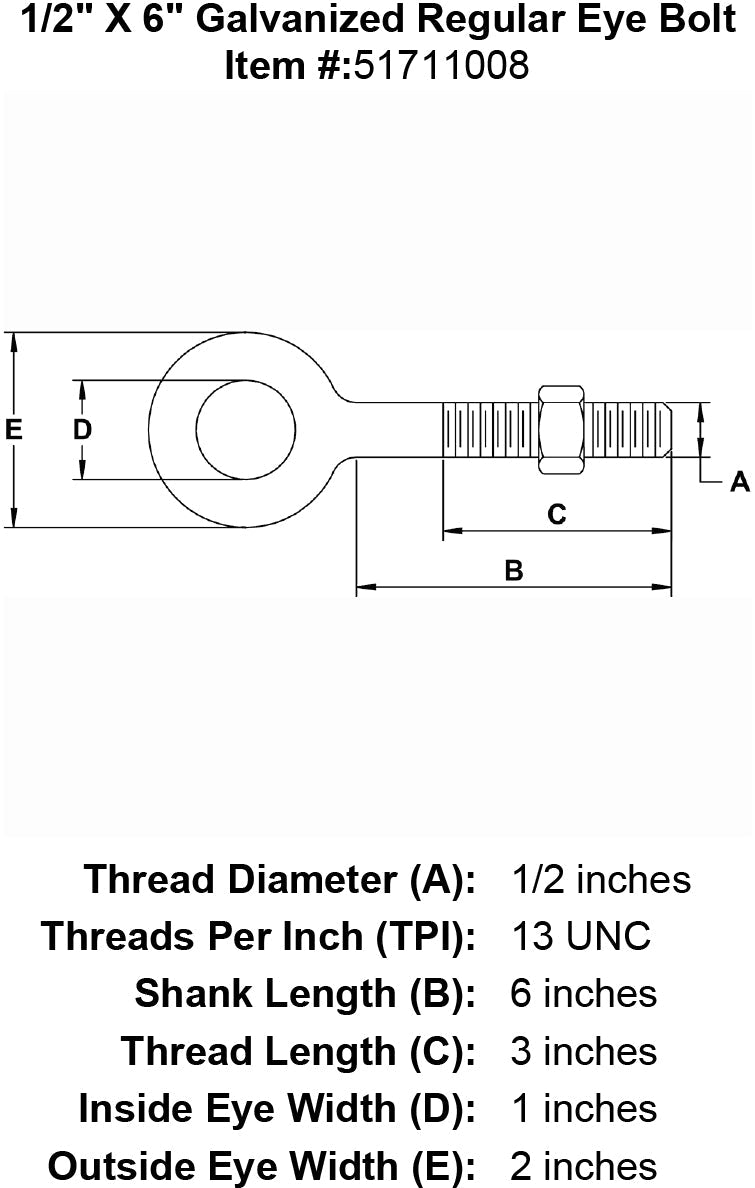 half inch X 6 inch Eyebolt specification diagram