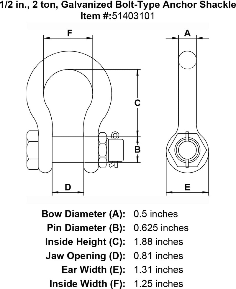 half inch bolt type shackle specification diagram
