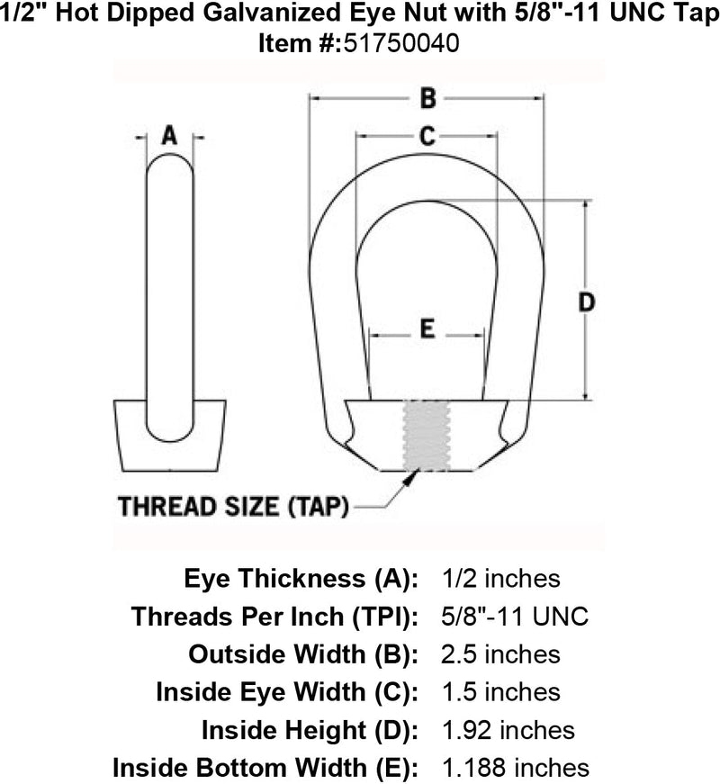 half inch eye nut specification diagram