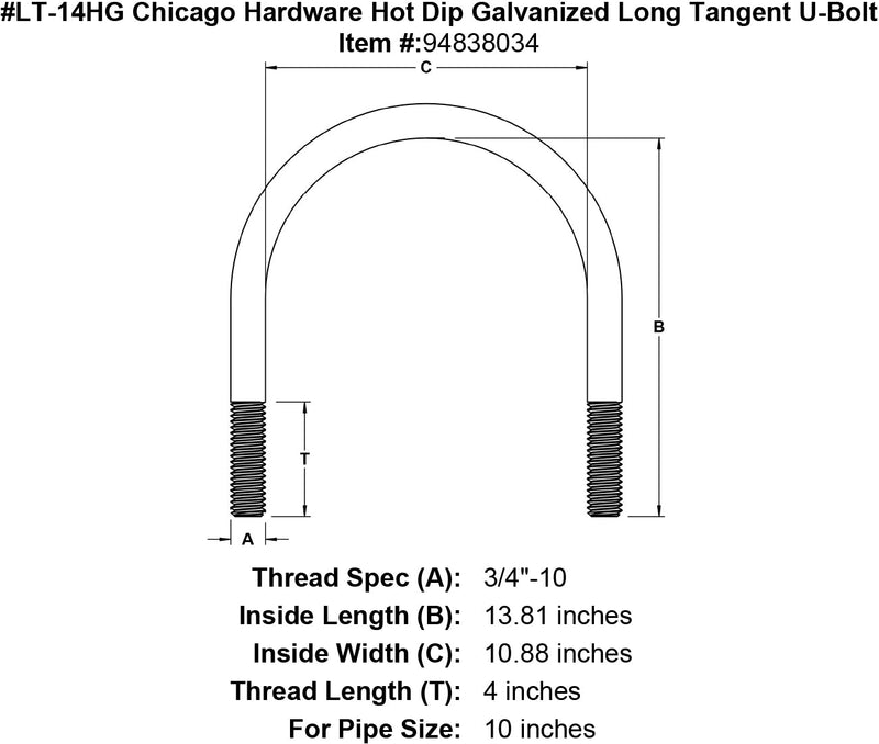 lt 14hg chicago hardware hot dip galvanized long tangent u bolt specification diagram