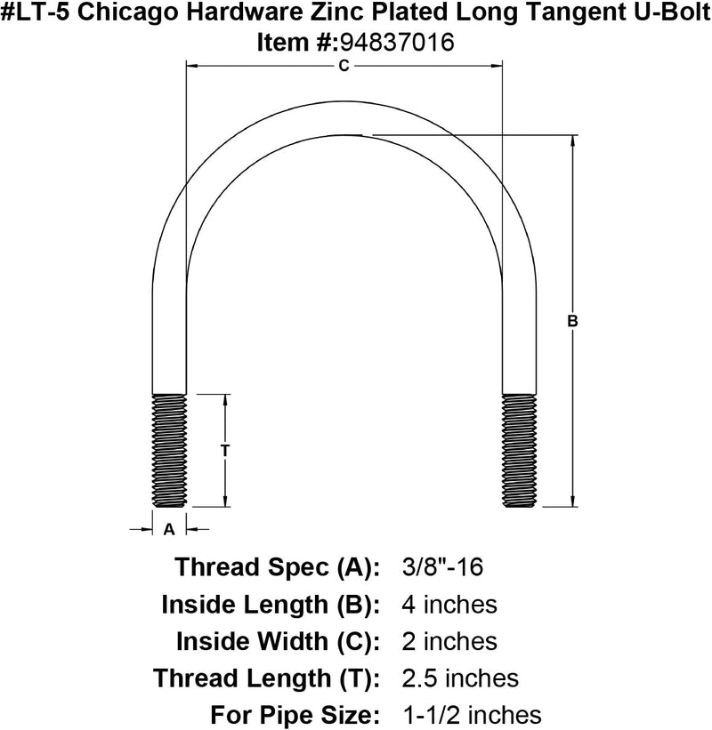 lt 5 chicago hardware zinc plated long tangent u bolt specification diagram