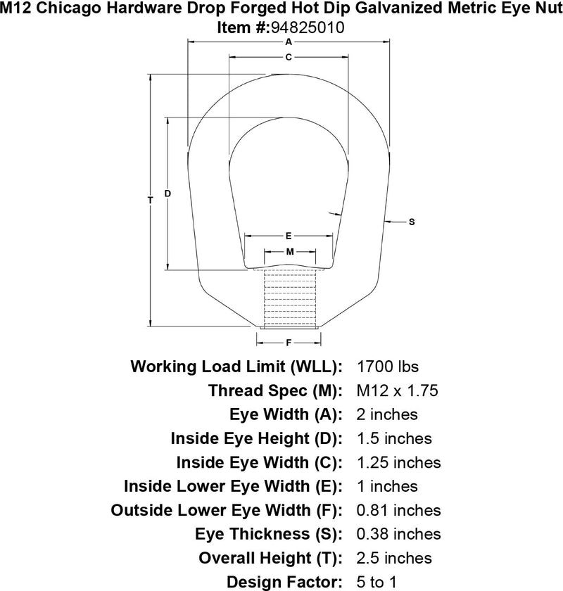 m12 chicago hardware drop forged hot dip galvanized metric eye nut specification diagram