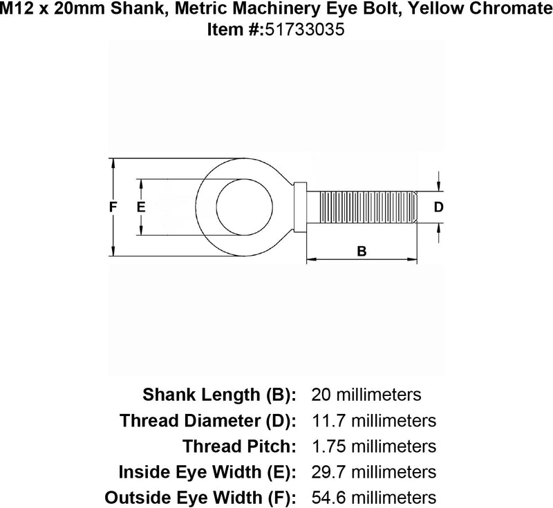 M12 X 20 1 2Mm Metric Machinery Eye Bolt Yellow Chromate Diagram